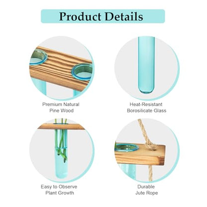 XXXFLOWER Wall Hanging Propagation Station with Wooden Stand Blue | 9 Test Tubes Vases Terrarium Kit, Hanging Planters for Indoor Plants, Wall Decor for Living Room Office - size: Blue-9 Tube Vase