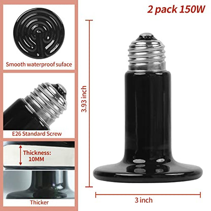 150W Ceramic Heat Emitter (2 Pack), Reptile Heat Lamp Bulbs, Ceramic Heater for Amphibian, Pet Brooder Coop, Chicken, Dog, Cat - size: 150*2
