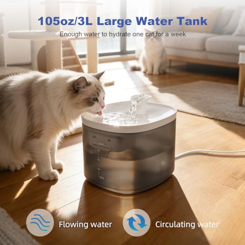 Cat Water Fountain 105oz/3L Pet Water Fountain - Quiet Dog Water Fountain with Water Level - Flowing Water to Provide Fresh Water- No Sputter, Easy Cleaning, Suit for cat Waterer