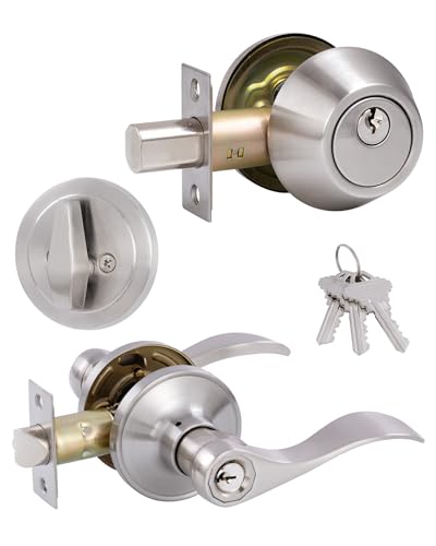 (1 Pack) Keyed Alike Front Door Lever Lockset with Single Cylinder Deadbolt Combination Set, Wave Style Lever, Front Door/Exterior Door Knob with Lock and Deadbolt, Satin Nickel Finished - color: Satin Nickel Keyed Alike 1DB, style: 1