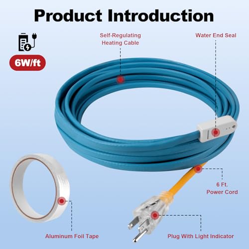 24FT Heat Tape for Water Pipes – Gutter Heat Cable & Water Pipe Insulation, Self-Regulating Temp for Freeze Protection on Metal & Plastic Pipes, Roof Snow De-Icing, Easy Installation 120V