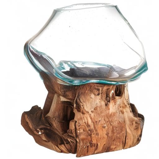 Molten Glass | #650-15A | Molten Glass & Wood Sculpture | Terrarium | Fairy Garden | Approximately 6" Wide | Natural Wood and Recycled Glass | - size: Approximately 6" Wide