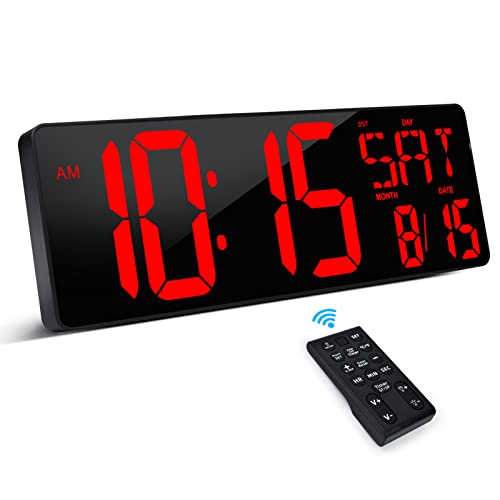 XREXS 17.2 Inch Large Digital Wall Clock with Remote Control | LED Large Display Count Up & Down Timer, Adjustable Brightness Plug-in Alarm Clock with Temperature for Home, Office, Gym - color: Red