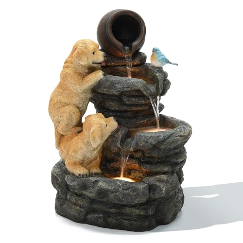 LuxenHome Outdoor Water Fountain, 26 Inch Puppy and Rock Resin Water Fountains Indoor with LED Lights, Farmhouse Waterfall Outdoor, Indoor Fountains and Waterfalls for Patio, Garden Decor - color: Brown/Blue