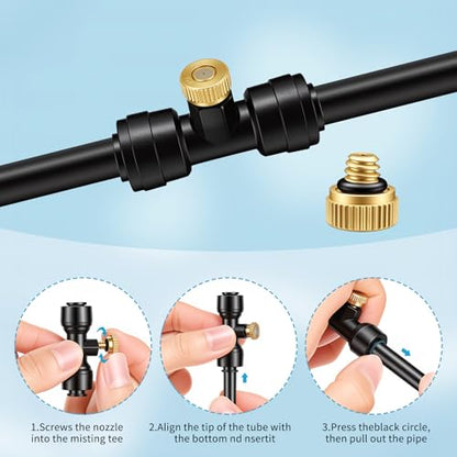 Yotako 1/4'' Slip-Lock Misting Nozzles Kit | 12Pcs Brass Misting Nozzles 10Pcs Water Misting Nozzle Tees Thread Misting Nozzle Tees with Plugs for Spray Cooling System
