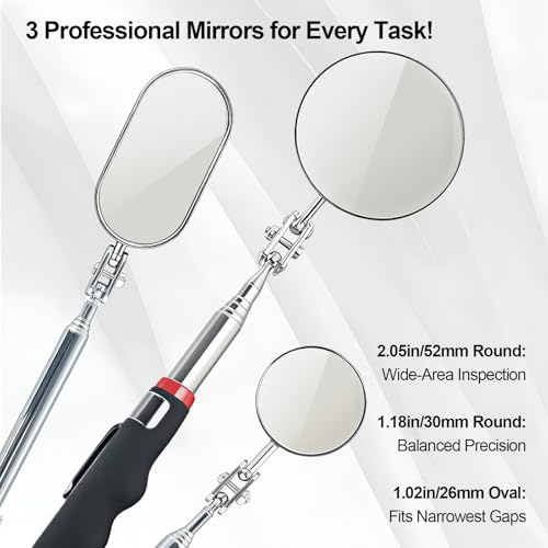 Telescoping Inspection Mirror with Rotating Head,Extendable Mechanic Mirror with Long Handle and Clip-On Design for Mechanics, Dentists, Auto, Boat (2.05in Round &1.18in Round & 1.02 * 1.97in Oval) - style: 3 PCS (Round & Oval)