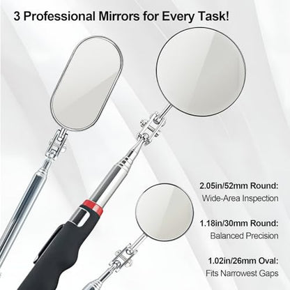Telescoping Inspection Mirror with Rotating Head,Extendable Mechanic Mirror with Long Handle and Clip-On Design for Mechanics, Dentists, Auto, Boat (2.05in Round &1.18in Round & 1.02 * 1.97in Oval) - style: 3 PCS (Round & Oval)