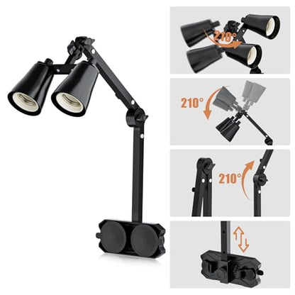 Dual Reptile Lamp Stand with Suction Cups, Adjustable Bracket for Terrariums, Dual‑Head Heat & Basking Lamp Holder with Ceramic Sockets and Separate Switches - size: Vertical Pole Style