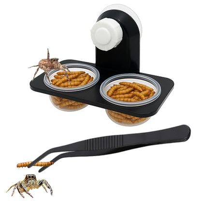Jumping Spider Feeding Dish Kit with Tweezers, Dual Cup Food Bowl with Suction Mount, Small Reptile/Tarantula Enclosure Accessories (Feeding Ledge)