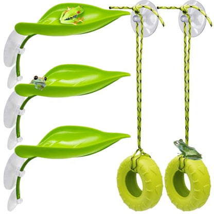 Tree Frog Habitat Toy Plastic Leaf Decorations Tire Swing Habitat Miniature with Suction Cups Frog Habitat Platform Terrarium Decor Accessories for Crested Geckos, Leopard (Green)