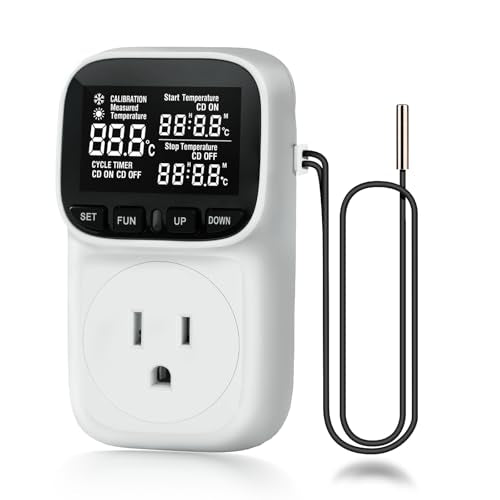 Digital Temperature Controller, Thermostat Outlet with LCD Display | 15A/1800W, Heating & Cooling Mode, -40℉~210℉, 4 Timing Modes, For Greenhouse Incubator Homebrew Reptile Tank