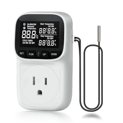 Digital Temperature Controller, Thermostat Outlet with LCD Display | 15A/1800W, Heating & Cooling Mode, -40℉~210℉, 4 Timing Modes, For Greenhouse Incubator Homebrew Reptile Tank