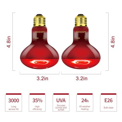 Infrared Heat Lamp 100W,（2 Pack） Reptile Heat Emitter Infrared Basking Spot Light, Reptile Pets Brooder Use,Red Heat Lamp for Chickens、Lizards、Snakes、Turtles