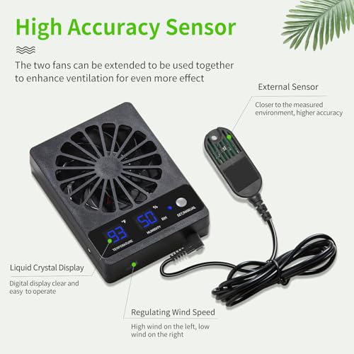 Reptile Ventilation Fan with Hygrometer & Temperature Display, Auto Adjusting Humidity & Temperature, for Aquariums & Insect Tanks, 2-Pack