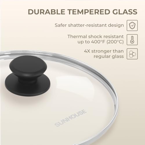 Sunhouse: Tempered Glass Cookware Lid - 10 Inch - Stainless Steel Rim, Heat-Resistant Knob, For Frying Pans-Pots-Woks-Skillets, Oven-Dishwasher Safe | Clear Replacement Cover for Frying Pans, Pots, Cast Iron Skillet - Stainless Steel Rim - Dishwasher & Ov