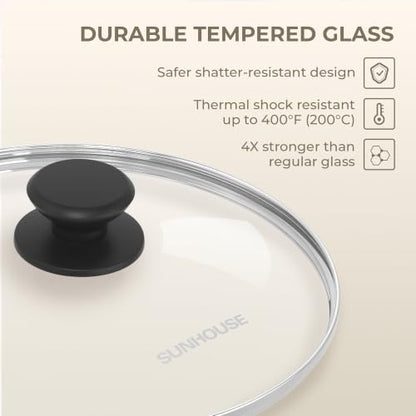 Sunhouse: Tempered Glass Cookware Lid - 10 Inch - Stainless Steel Rim, Heat-Resistant Knob, For Frying Pans-Pots-Woks-Skillets, Oven-Dishwasher Safe | Clear Replacement Cover for Frying Pans, Pots, Cast Iron Skillet - Stainless Steel Rim - Dishwasher & Ov