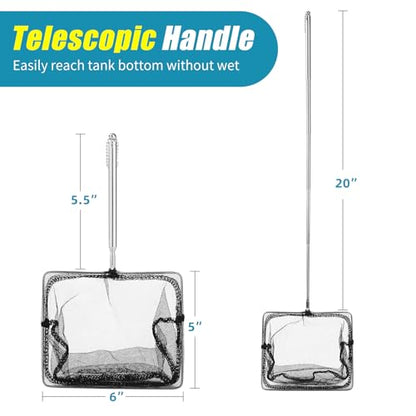 AQUANEAT Aquarium Net with Extendable Long Handle, Adjustable Wastes Skimming Cleaning Tools for Fish Tanks - size: 6 Inch