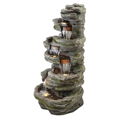 Alpine Corporation WIN1146 Outdoor Floor Cascading 8 Tiered Rock Garden Water Fountain with LED Lights, 58", Gray - style: 58" H - 8-Tier Warm White LEDs