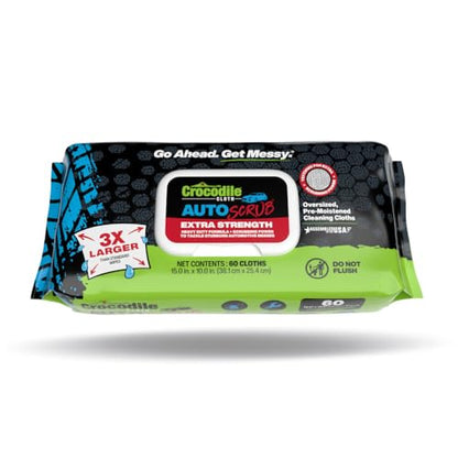 Crocodile Cloth AutoSCRUB Heavy-Duty Cleaning Wipes, 60 Count | Removes Oil, Grease, Paint, Tar, Brake Dust, Hydraulic Fluid, Silicone, Sealants & Road Grime from Tools & Hands