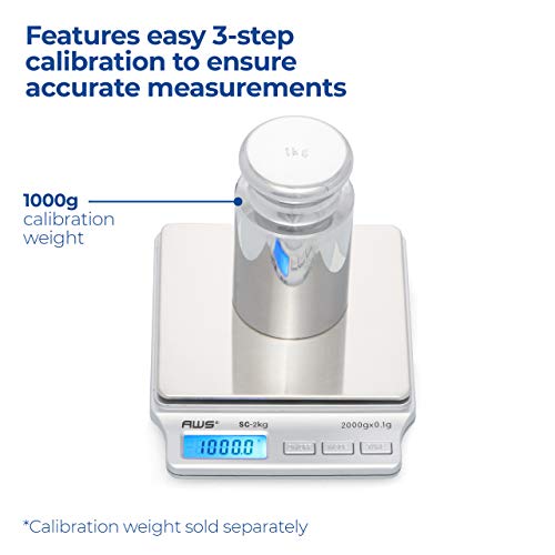 American Weigh Scales SC Series Precision Digital Kitchen Weight Scale, Food Measuring Scale, 2kg x 0.1g (Silver), AMW-SC-2KG - size: 2000g x 0.1g