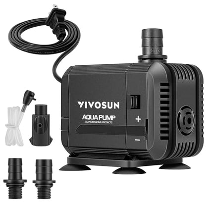 VIVOSUN 400GPH Submersible Fountain Water Pump for Pond, Aquarium, Statuary | 1500L/H, 15W, Ultra Quiet Water Pump with 5.2ft High Lift and 5ft Power Cord, 3 Nozzles for Hydroponics, Fish Tank, Black - size: 5"×4"-400