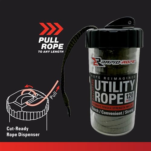 Rapid Rope Canister 120ft Olive Green Flat Tactical Paracord, Made in USA, 1100lb Tested Heavy Duty Poly Rope Test Cord, Non-Tangle Dispenser Included - Hiking, Camping, Survival, Utility - size: 120ft, style: Olive Green