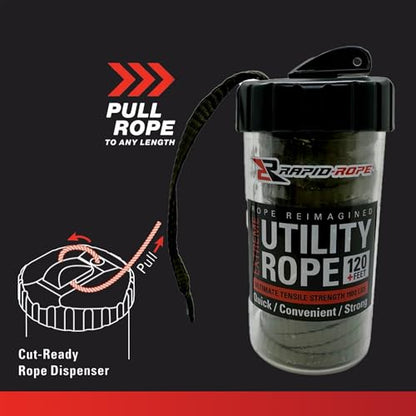 Rapid Rope Canister 120ft Olive Green Flat Tactical Paracord, Made in USA, 1100lb Tested Heavy Duty Poly Rope Test Cord, Non-Tangle Dispenser Included - Hiking, Camping, Survival, Utility - size: 120ft, style: Olive Green