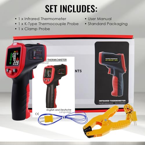 Infrared Thermometer Gun with Pipe Temperature Clamp, High Accuracy HVAC Thermometer (-50°C to 850°C) for Cooking, Home Repair, Oven, HVAC, Automotive & Industrial Use, Adjustable Emissivity