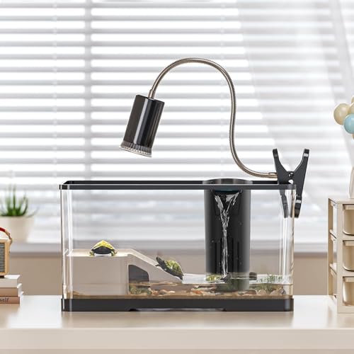 Turtle Tank Kit(Tank+Lamp+Filter+Stones) Acrylic Aquatic Turtle Tank Starter Kit with Bask Platform, Bottom Drain for Baby Tortoise,Fishes, Small Reptiles - size: 15.4*8.5*8.35 Inch