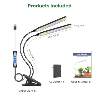 Kullsinss Clip-on Plant Lights for Indoor Growing, 114 LEDs 15W Grow Light | Black 2-Gooseneck Plant Lamp for Seed Starting, Full Spectrum Growing Lamp with Red Blue Yellow White LEDs, Timer & Dimmable - size: 2 Heads--Black