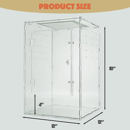 12x12x18 Acrylic Reptile Enclosure - 10 Gal Clear Terrarium | Full acrylic transparency at a larger size without the weight or fragility of glass - size: 12"12"18"