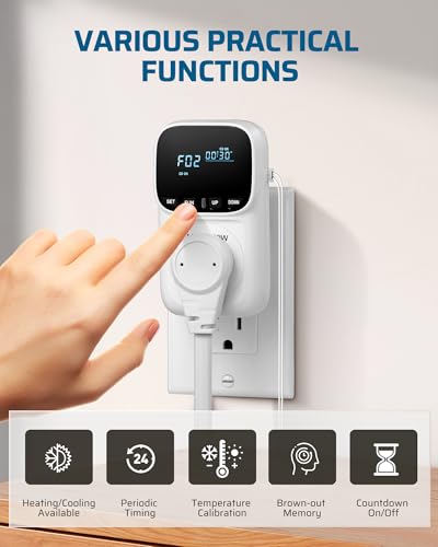 DEWENWILS Digital Temperature Controller, 2 Pack15A/1800W Thermostat Outlet Plug, VA Display Heating Cooling Control Timer, -40℉~210℉, Cyclic Timing/Countdown, for Cooling Fans and Heater - color: White, size: 2 Pack