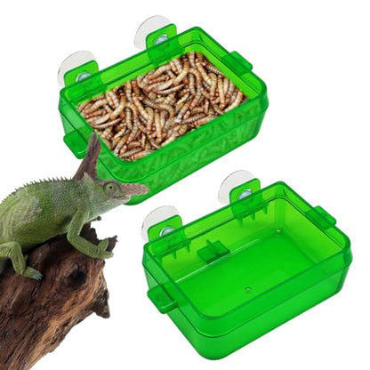 Reptile Suction Cup Feeder 2 Pack, Anti-Escape Food Bowl | for Gecko Lizard Iguana Chameleon Spider Frog Snake, Wall Mount Strong Suction Feeding Dish (Green, S)