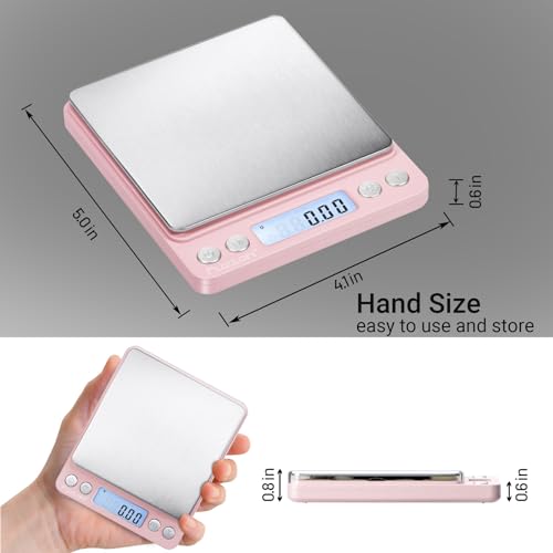 Fuzion Digital Scale .01 Gram Accuracy, 500g Small Kitchen Food Scales | 2 Trays Included for Jewelry, Gold, Herb, Powder, Spice, Coffee, Coin - Weight Gram and Oz - color: Pink