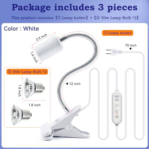 50W UVB/UVA Heat Lamp with Timer for Turtles & Reptiles White | 360° adjustable head with heavy-duty metal clamp; heat switch & timer. Provides basking warmth for tortoises & puppies. - color: White