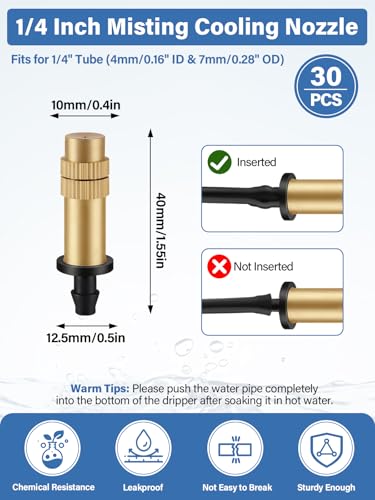Kalolary 30PCS Adjustable Brass Misting Nozzles for Summer Cooling | Copper Misting Cooling Fittings Atomizing Water Mister Nozzles Parts for Lawn Courtyard Outdoor Sprayer Cooling System