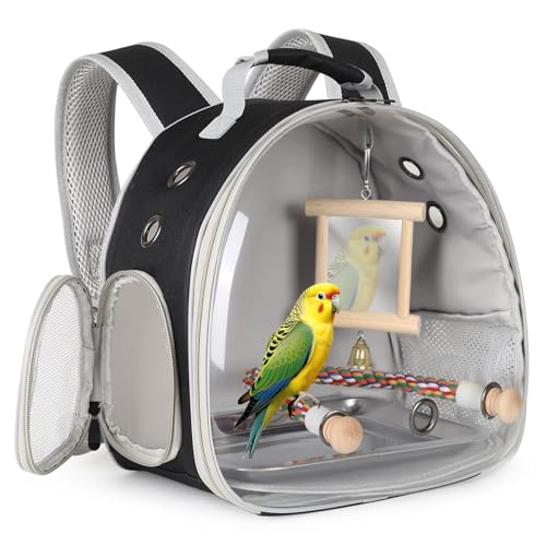 Bird Travel Carrier Bubble Window Backpack with Mirror Parrot Standing Toy,Portable Parrot Cage Backpack with Stand Perch, Pet Travel Bag for Cockatiels,Parrots,Love Bird,Small Birds - color: Black, size: Backpack/mirror