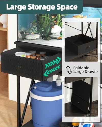 Fish Tank Stand with Drawer, 5-10 Gallon Aquarium Stand Easy Assemble | Stable Metal Frame, 2-Tier Breeder Reptile Turtle Terrarium Table Fits Office Home, 19.4"x11" MDF Tabletop, 220 lbs Capacity - color: Black, size: 5-10 Gallon