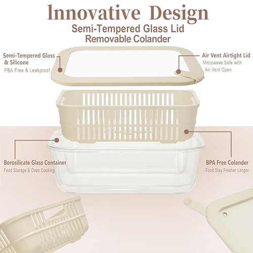 Glass Food Storage Containers with Glass Lids, Microwave Safe Food Container Set, Aitight Meal Prep Container Set, BPA Free, 2 extra Colanders, LeakProof, 2 Pack of 60oz - color: Ivory White- 2RT