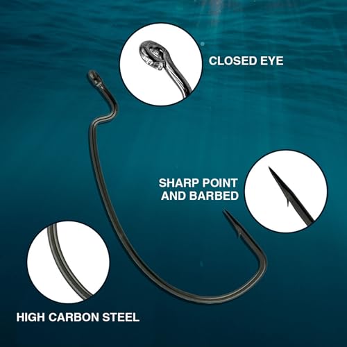 Reaction Tackle Offset EWG Worm Hooks - Super Strong Wide Gap Texas Rig Hooks for Soft Plastic Baits - High Carbon Steel Bass Fishing Hooks (25-Pack) - size: #5/0
