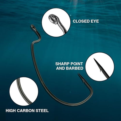 Reaction Tackle Offset EWG Worm Hooks - Super Strong Wide Gap Texas Rig Hooks for Soft Plastic Baits - High Carbon Steel Bass Fishing Hooks (25-Pack) - size: #2/0