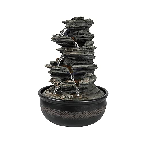 15.7” High Rock Falls Tabletop Water Fountain with LED Lights - 5-Tier Indoor Relaxation Waterfall Fountain, Small Cascading Water Feature for Home and Office Decor Gray-1