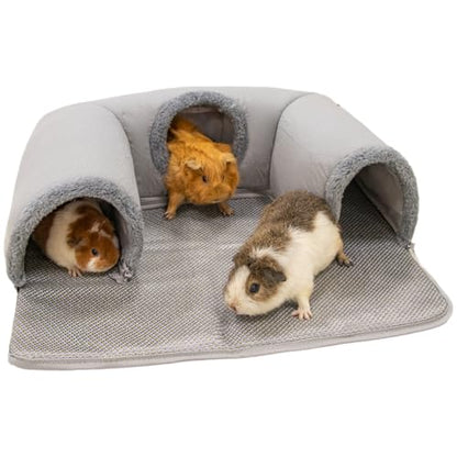 Guinea Pig Hideout Tunnel with Cool Bed for Bunny 3 Cave Small Animal Tunnel Toy Cages Rattan Mat - color: White