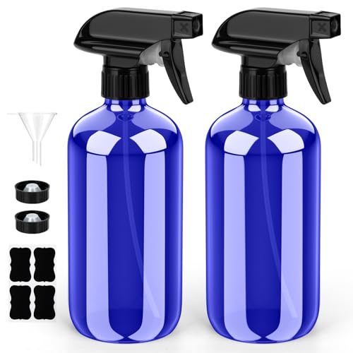 Bontip Glass Spray Bottle 8 oz for Cleaning, Plants (2 Pack, Blue) | Refillable spray bottle Set, BPA-free eco glass, With labels and funnel, Great for cleaners, plant misting, hair care - color: Blue, size: 8 oz
