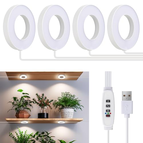 Ceiling Grow Lights for Indoor Plants, 192 LEDs Full Spectrum Halo LED Plant Light, with 3/9/12H Auto Timer Switch, 3 Colors,10 Dimming, Plant Lights for Small Plants, 4 Head - size: 4-head light