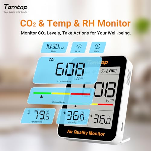 Temtop C1+ Smart Indoor Thermometer Hygrometer with Bluetooth and APP | Portable CO2 Meter with Digital Room Temperature Humidity Monitor, Real-Time Data Sync for Home, Office, Baby Nursery, School - size: C1Plus-Temp/Humidity/CO2/AQI