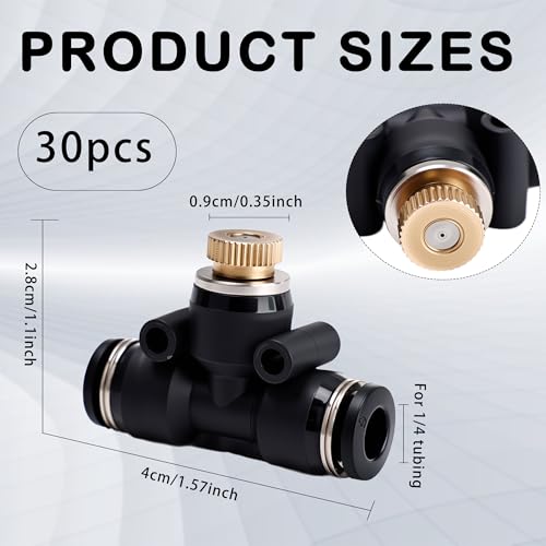 72 Pcs Brass Misting Nozzles Kit Includes 30 Heavy Duty Nozzles 30 Black Three Way Bases 6 Black Plastic Plugs 6 Brass Solid Plugs Suitable for Outdoor Cooling Systems