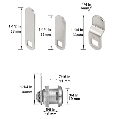 Cabinet Cam Locks Keyed Alike, 5/8” Cylinder Cam Locks for Tool Box RV Compartment Mailbox Vending Machine Drawer File Cabinet, Fits 3/8” Max Panel Thickness, Chrome Finish with 3 Cams and 2 Keys - size: 5/8 Inch