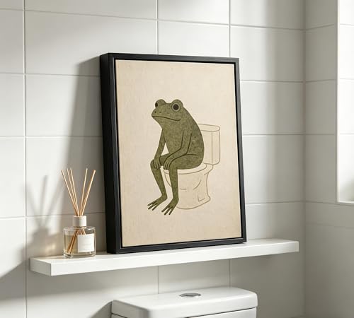 Funny Frog Bathroom Wall Art, Cute Frog Sitting on Toilet Framed Canvas Wall Decor, Minimalist Vintage Print for Bathroom, Restroom, Toilet, 8x10 Inch - color: Frog A, size: 10"L x 8"W