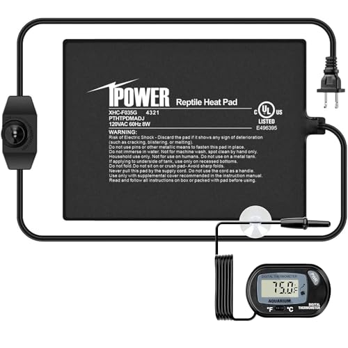 iPower 6x8 Inch Reptile Heating Pad with LCD Digital Aquarium Thermometer, Reptile Heat Mat with Adjustable Temperature Control for Reptiles - color: Black/Heat Pad with Adjust Knob+ Thermometer, size: 6" x 8"